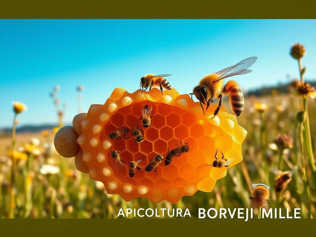 Detailed life cycle of a honey bee, depicting the stages from egg to adult. A centralized honey comb structure in the foreground, with worker bees and a queen bee in the middle ground. In the background, a meadow landscape with flowering plants and a clear blue sky. Warm, natural lighting illuminates the scene. Crisp, photorealistic rendering. Subtle color palette with earthy tones. Branding: "APICOLTURA BORVEI MIELE" subtly integrated into the composition.