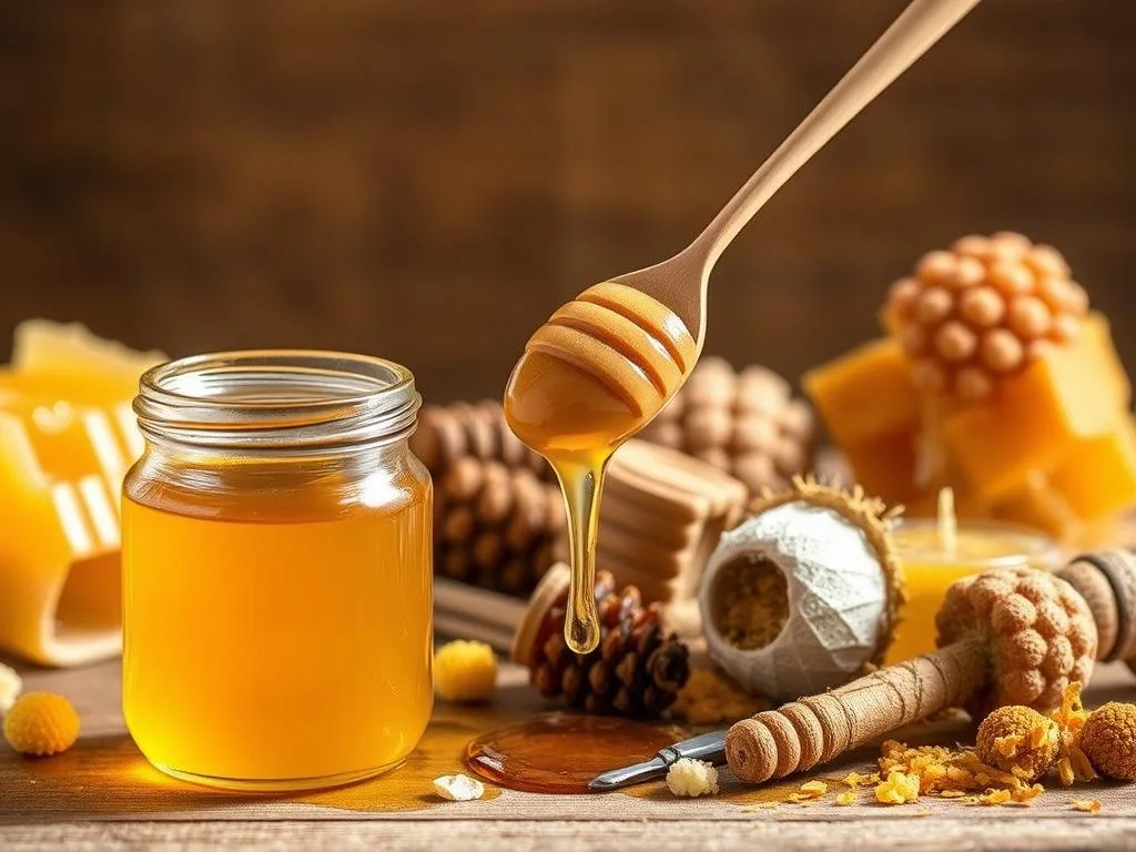 Detailed nutritional properties of artisanal honey. A delicate still life showcasing the natural bounty of pure, unprocessed honey. In the foreground, a glass jar filled with golden honey, its surface glistening under soft, natural lighting. In the middle ground, a spoon dipped into the honey, dripping with the viscous liquid. Surrounding the jar, an assortment of fresh honeycomb, pollen, and other bee-derived ingredients. The background features a simple, rustic wooden surface, lending an organic, artisanal feel. The overall composition celebrates the holistic nutritional profile of Apicoltura's premium, handcrafted honey. Detailed nutritional properties of artisanal honey. A delicate still life showcasing the natural bounty of pure, unprocessed honey. In the foreground, a glass jar filled with golden honey, its surface glistening under soft, natural lighting. In the middle ground, a spoon dipped into the honey, dripping with the viscous liquid. Surrounding the jar, an assortment of fresh honeycomb, pollen, and other bee-derived ingredients. The background features a simple, rustic wooden surface, lending an organic, artisanal feel. The overall composition celebrates the holistic nutritional profile of Apicoltura's premium, handcrafted honey.