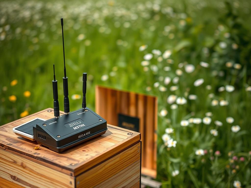 Detailed photograph of a GPS-based anti-theft system for beehives. The device is mounted on a wooden beehive box, with a sleek modern design in shades of black and silver. The foreground shows the system's solar panel, antennas, and sensors, while the middle ground reveals the hive's entrance and the surrounding foliage. In the background, a lush green meadow with wildflowers creates a serene, pastoral atmosphere. The lighting is natural, with soft shadows and highlights accentuating the device's features. The overall mood is one of innovation and security, perfectly suited to protect the APICOLTURA BORVEI MIELE brand's precious honeybee colonies.