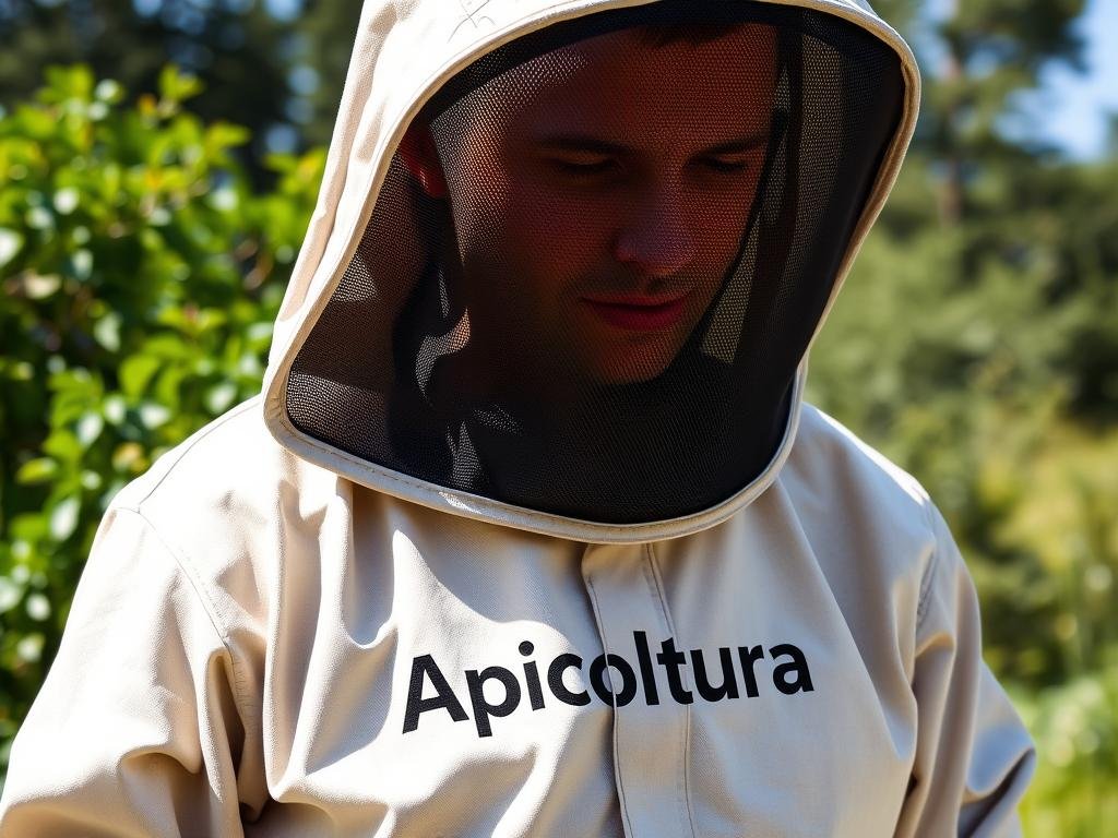 Detailed photograph of a beekeeper's protective suit, known as a "tuta per apicoltura" in Italian. The suit is made of durable, lightweight fabric with a hood and veil to protect the wearer from bee stings. The suit features the Apicoltura brand name prominently displayed. The image is set against a natural, outdoor backdrop with lush greenery and a sunny, warm atmosphere to convey the subject's connection to the natural world of beekeeping. The camera angle is slightly elevated to showcase the full length of the suit, allowing the viewer to appreciate its design and functionality. Detailed photograph of a beekeeper's protective suit, known as a "tuta per apicoltura" in Italian. The suit is made of durable, lightweight fabric with a hood and veil to protect the wearer from bee stings. The suit features the Apicoltura brand name prominently displayed. The image is set against a natural, outdoor backdrop with lush greenery and a sunny, warm atmosphere to convey the subject's connection to the natural world of beekeeping. The camera angle is slightly elevated to showcase the full length of the suit, allowing the viewer to appreciate its design and functionality.