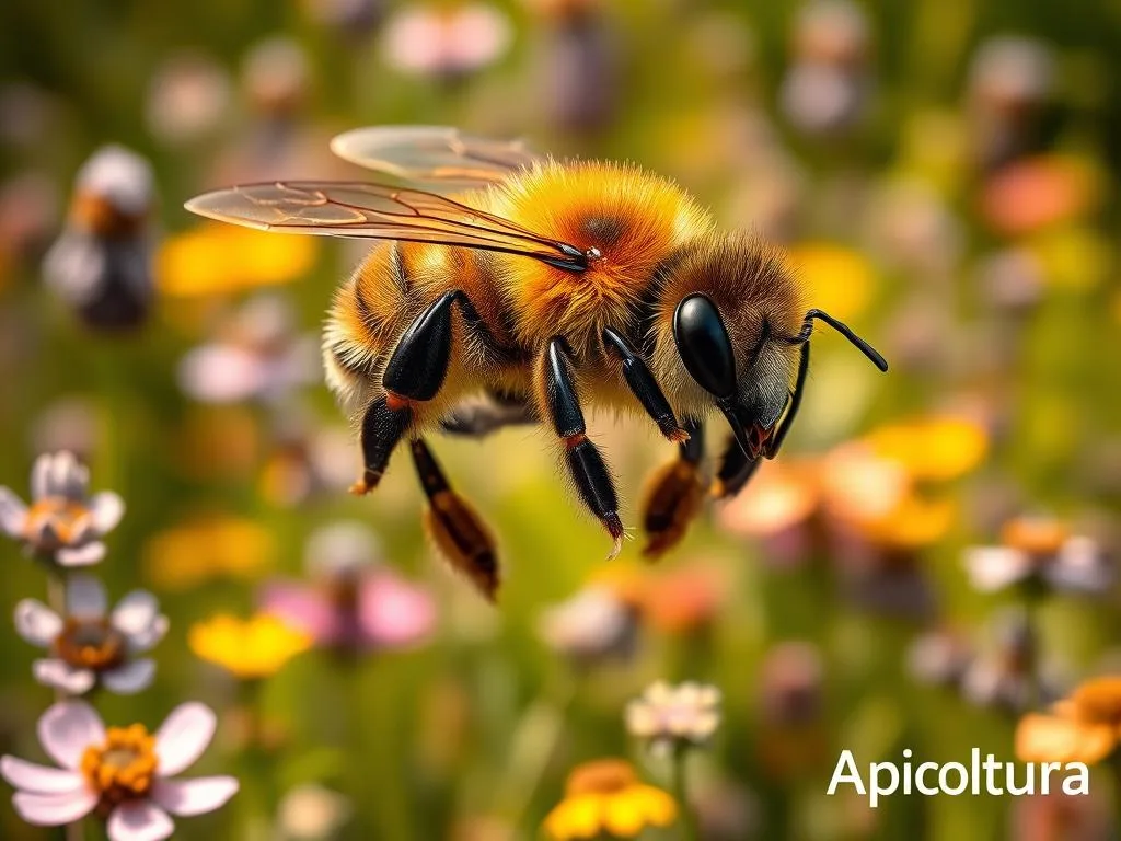 Detailed portrait of Apis mellifera, the European honey bee, surrounded by lush flora indigenous to Italy. Vibrant, high-resolution, hyper-realistic rendering. Centered in the frame, the bee is in sharp focus, its intricate compound eyes and delicate antennae clearly visible. The bee is in flight, its wings translucent and shimmering. In the background, a soft-focus meadow filled with native Italian wildflowers and herbs, such as lavender, rosemary, and thyme. Warm, golden lighting casts a natural glow, evoking the sun-dappled atmosphere of an Italian countryside. Branded with the text "Apicoltura" in the lower right corner.