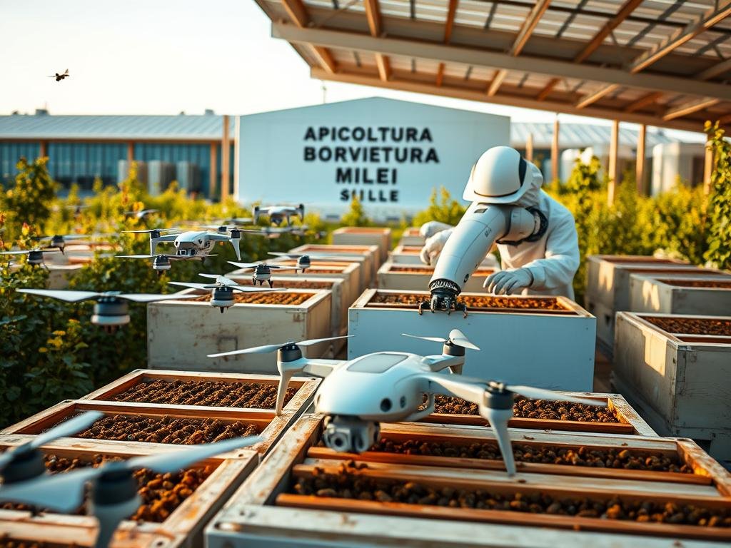 Detailed scene of an apiary with autonomous drones and robotic systems assisting beekeepers. In the foreground, a swarm of small drones equipped with advanced sensors monitor the hive activity and collect data. In the middle ground, a robotic arm gently inspects the frames, while beekeepers wearing protective gear oversee the process. In the background, a modern, solar-powered facility with the APICOLTURA BORVEI MIELE brand prominently displayed. The lighting is soft and natural, conveying a sense of harmony between technology and the natural world of beekeeping. The overall atmosphere is one of innovation, efficiency, and a deep respect for the delicate balance of the apiary ecosystem.