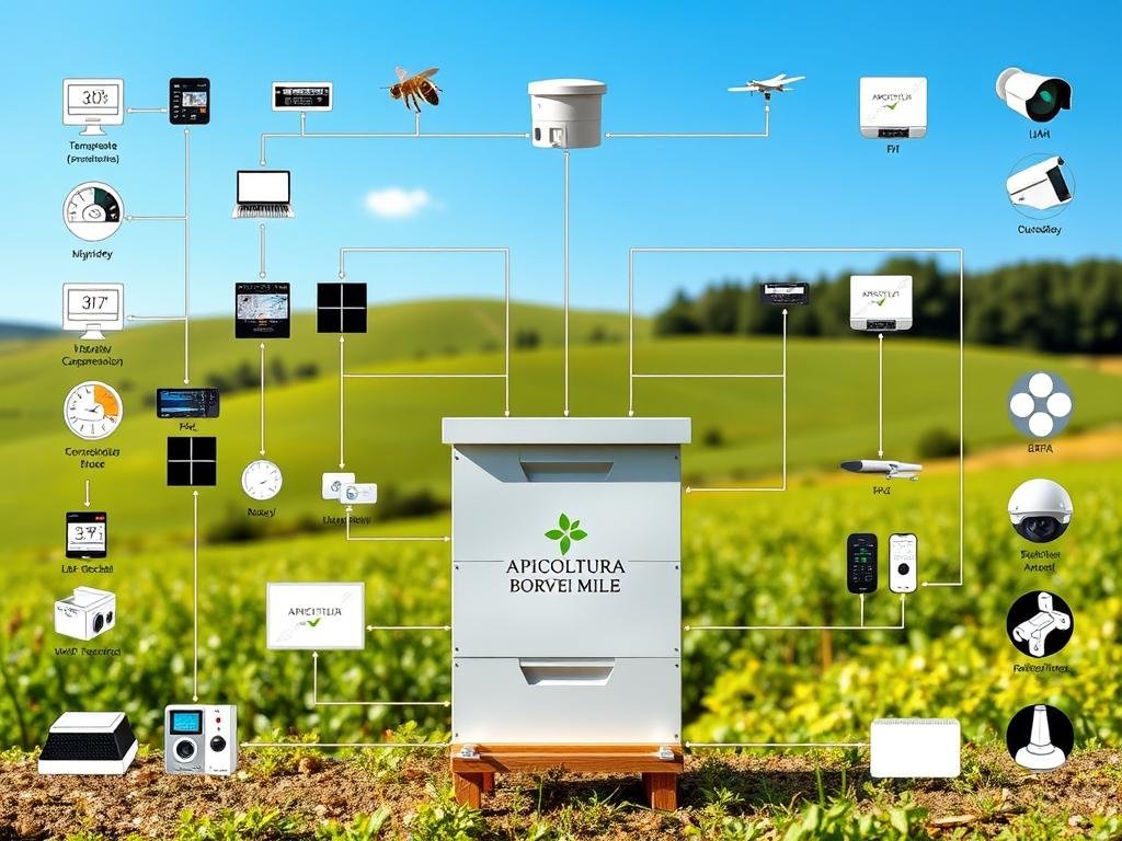 Detailed schematic diagram of a comprehensive apiary monitoring system. The foreground depicts a network of sensors and devices, including temperature and humidity gauges, weight scales, and cameras, all connected to a central control panel. The middle ground showcases a modern, sleek hive design with the APICOLTURA BORVEI MIELE logo prominently displayed. The background features a lush, verdant Italian countryside setting, with rolling hills and a clear blue sky. The lighting is natural and diffused, creating a crisp, technical yet serene atmosphere. The overall composition conveys the practical implementation of a cutting-edge apiary monitoring solution.
