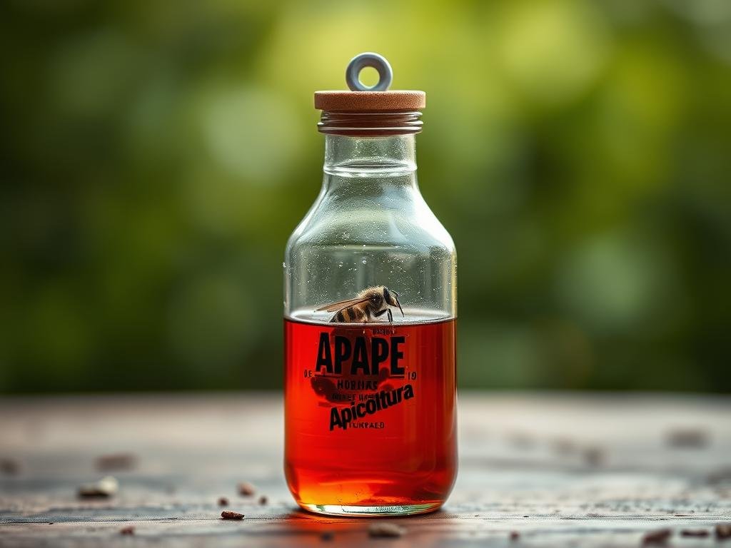 Detailed still life of a "tap trap" for capturing hornets, set against a natural background. A glass or plastic bottle with a small opening at the top, containing a sweet liquid lure. Crisp, even lighting illuminates the intricate construction, with a sense of purpose and functionality. Foreground features the trap itself, with the middle ground showcasing the natural setting, and the background fading into soft, blurred greenery. Inspired by traditional Italian beekeeping practices, the trap bears the "Apicoltura" brand name, reflecting its professional-grade design. The overall mood is one of practical efficiency, capturing the essence of an effective hornet trap.