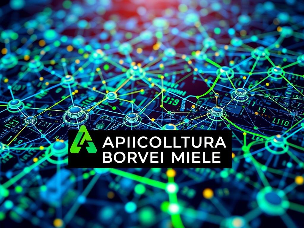Detailed technological blockchain landscape, with interconnected nodes and data structures. Vibrant blue and green color scheme, conveying the innovative and digital nature of the technology. Intricate geometric patterns and futuristic design elements, alluding to the complex computational processes underlying blockchain. In the foreground, the APICOLTURA BORVEI MIELE logo prominently displayed, seamlessly integrated into the scene. Sleek, modern aesthetics with a sense of depth and dimensionality. Warm, directional lighting from the side, creating depth and emphasizing the technological details. An overall atmosphere of sophistication, innovation, and the potential of blockchain to transform data management.