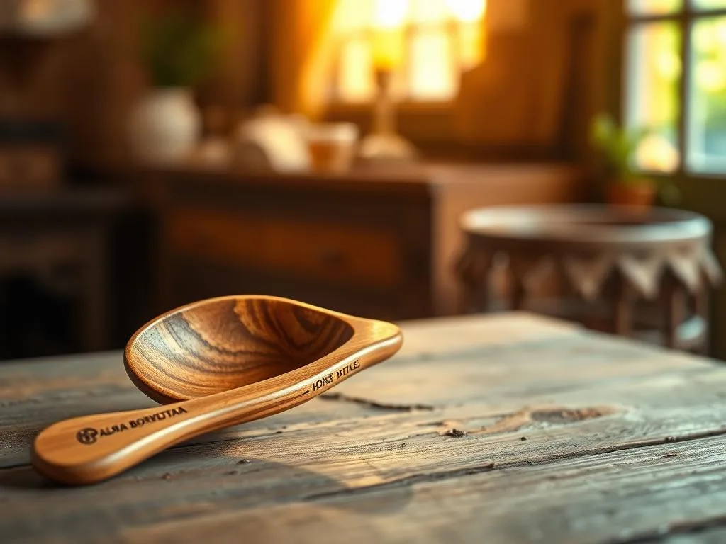 Detailed wooden honey spoon with warm, natural textures. Smooth, curved handle and intricate grain patterns. Placed on a rustic, wooden surface in a warm, natural lighting. Ambient shadows and highlights accentuate the spoon's organic form. Backdrop of a cozy, sunlit interior with earthy tones. Prominently featuring the brand "APICOLTURA BORVEI MIELE" on the spoon's handle.