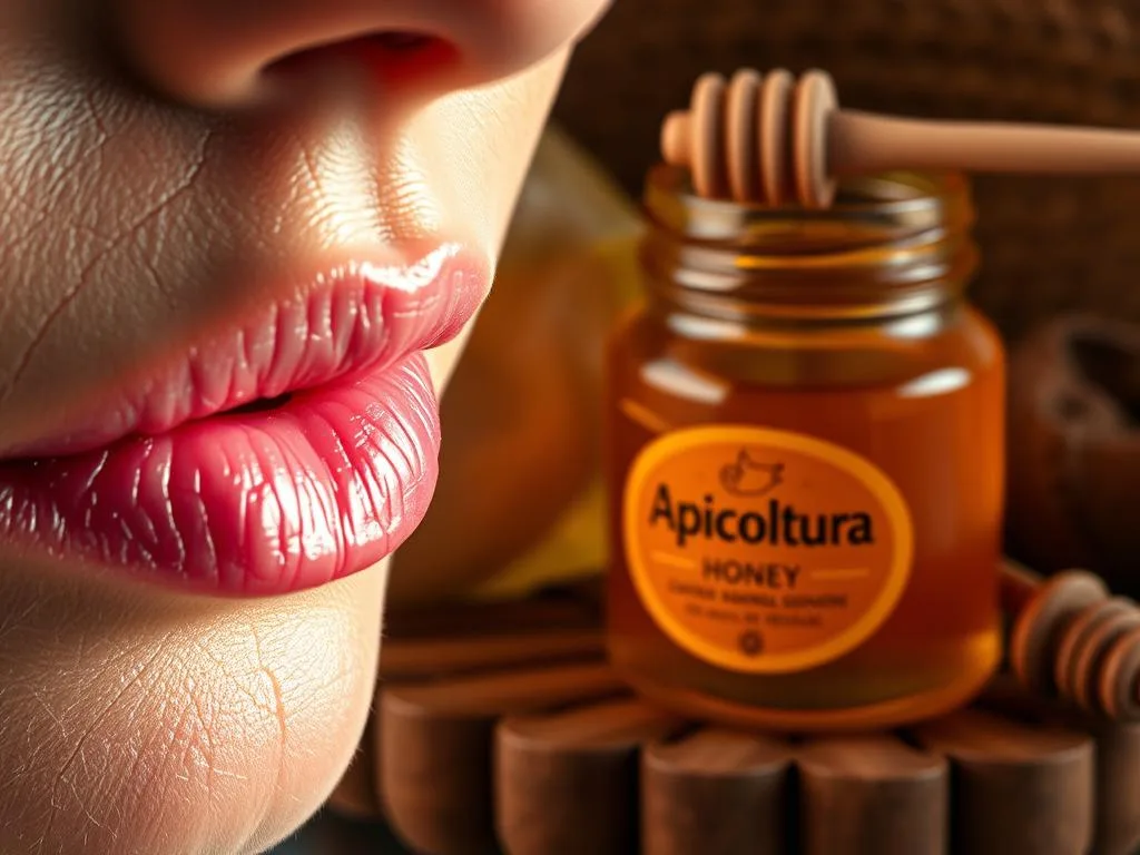 Dry, cracked lips illuminated by soft, warm lighting, revealing the delicate texture and pink hue of the skin. The foreground features a close-up view of the lips, while the middle ground showcases a glass jar filled with golden Apicoltura honey, highlighting its natural healing properties. The background suggests a cozy, earthy setting, evoking a sense of comfort and wellness. The overall atmosphere conveys a soothing, spa-like ambiance, inviting the viewer to experience the restorative power of this natural remedy for dry, chapped lips. Dry, cracked lips illuminated by soft, warm lighting, revealing the delicate texture and pink hue of the skin. The foreground features a close-up view of the lips, while the middle ground showcases a glass jar filled with golden Apicoltura honey, highlighting its natural healing properties. The background suggests a cozy, earthy setting, evoking a sense of comfort and wellness. The overall atmosphere conveys a soothing, spa-like ambiance, inviting the viewer to experience the restorative power of this natural remedy for dry, chapped lips.