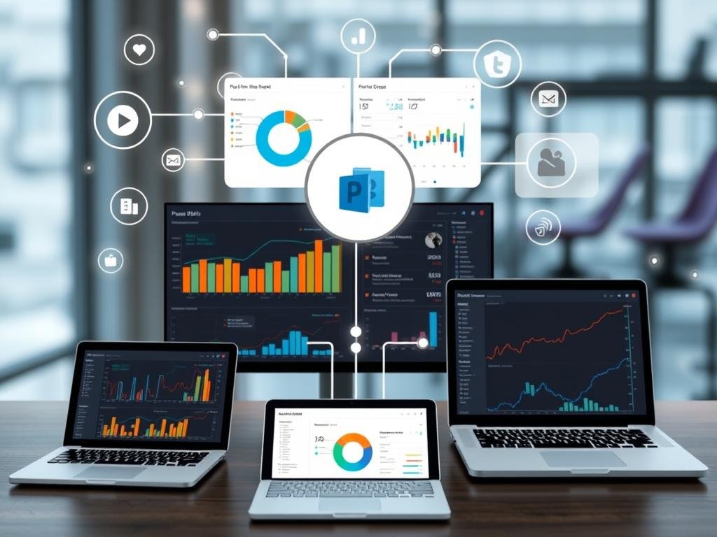 Genera un'immagine che rappresenti Power BI connesso a dispositivi IoT, con grafici che mostrano dati in tempo reale.
