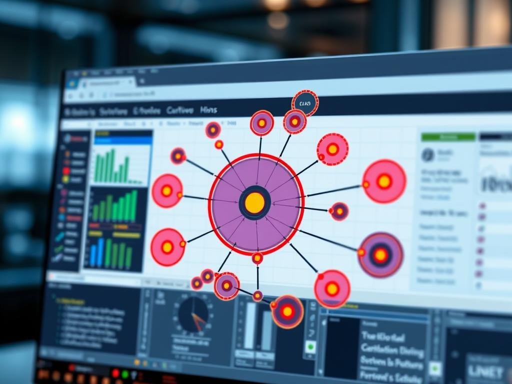 Genera un'immagine che rappresenti QlikView in uso, con una visualizzazione che mostra relazioni complesse tra dati.