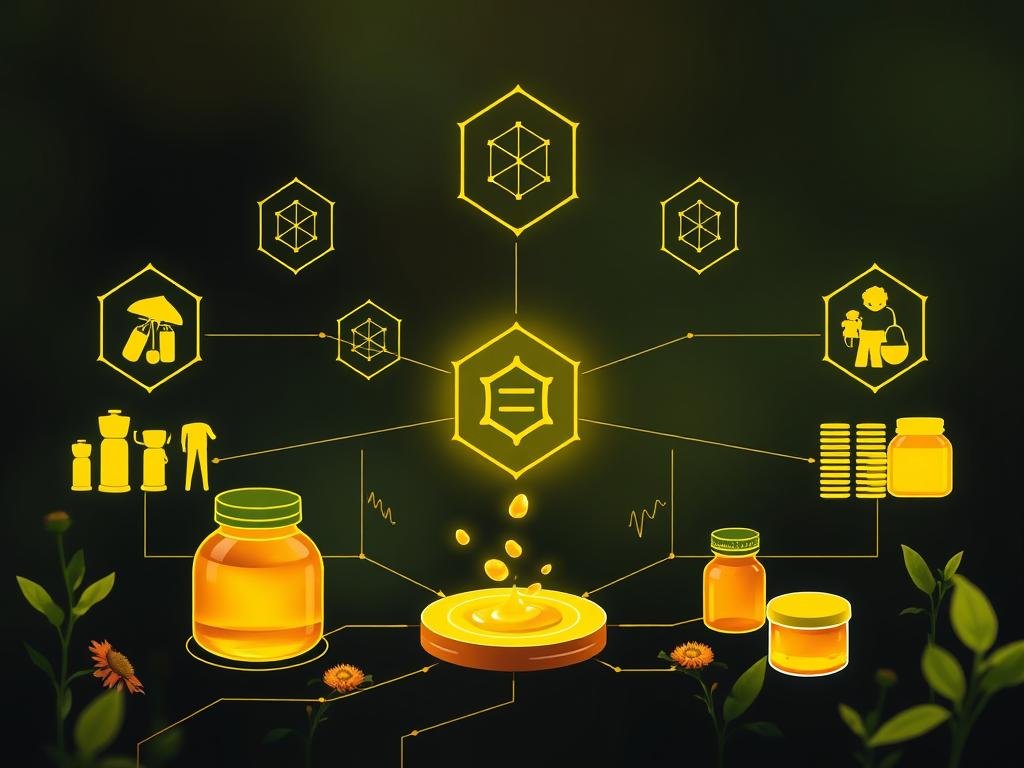 Genera un'immagine che rappresenti la blockchain applicata alla tracciabilità del miele