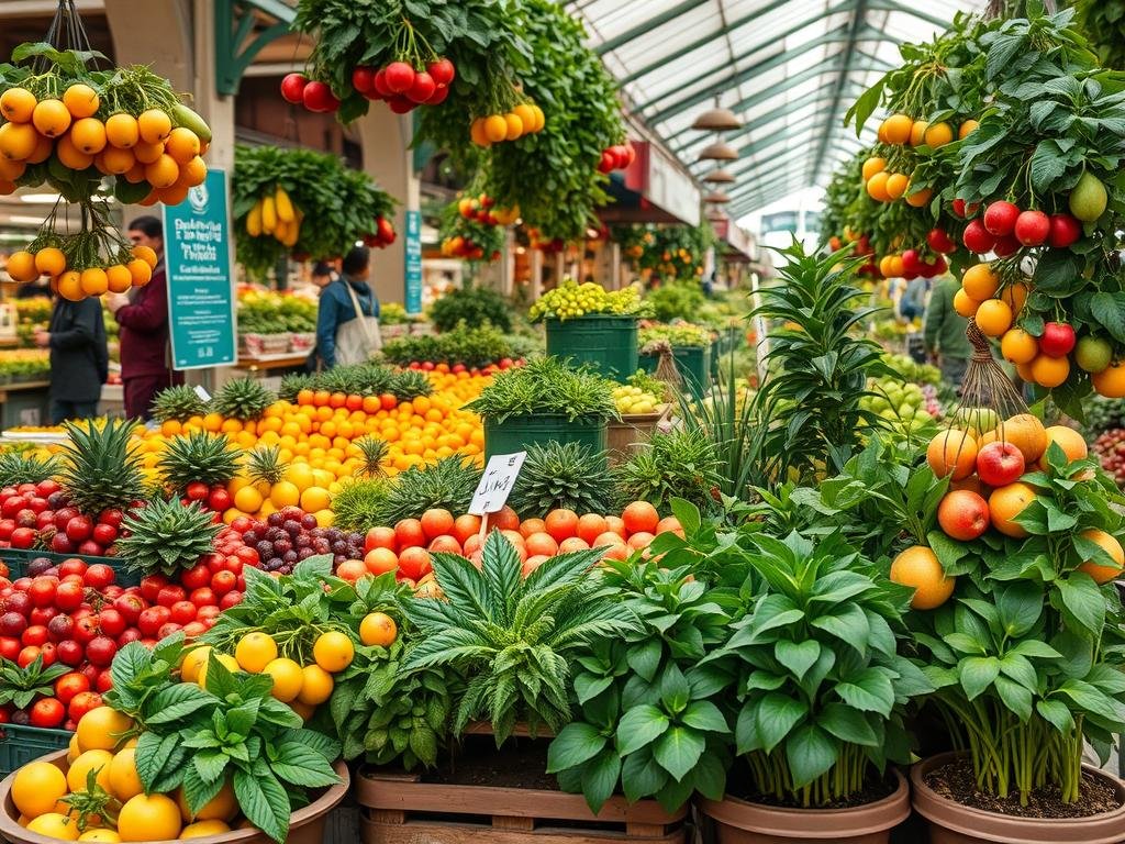 Genera un'immagine del Mercato delle Erbe a Bologna con un banchetto di piante da frutto