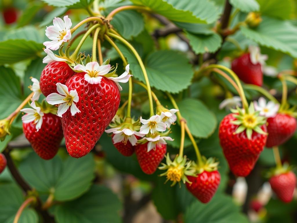 Genera un'immagine del corbezzolo con fiori e frutti