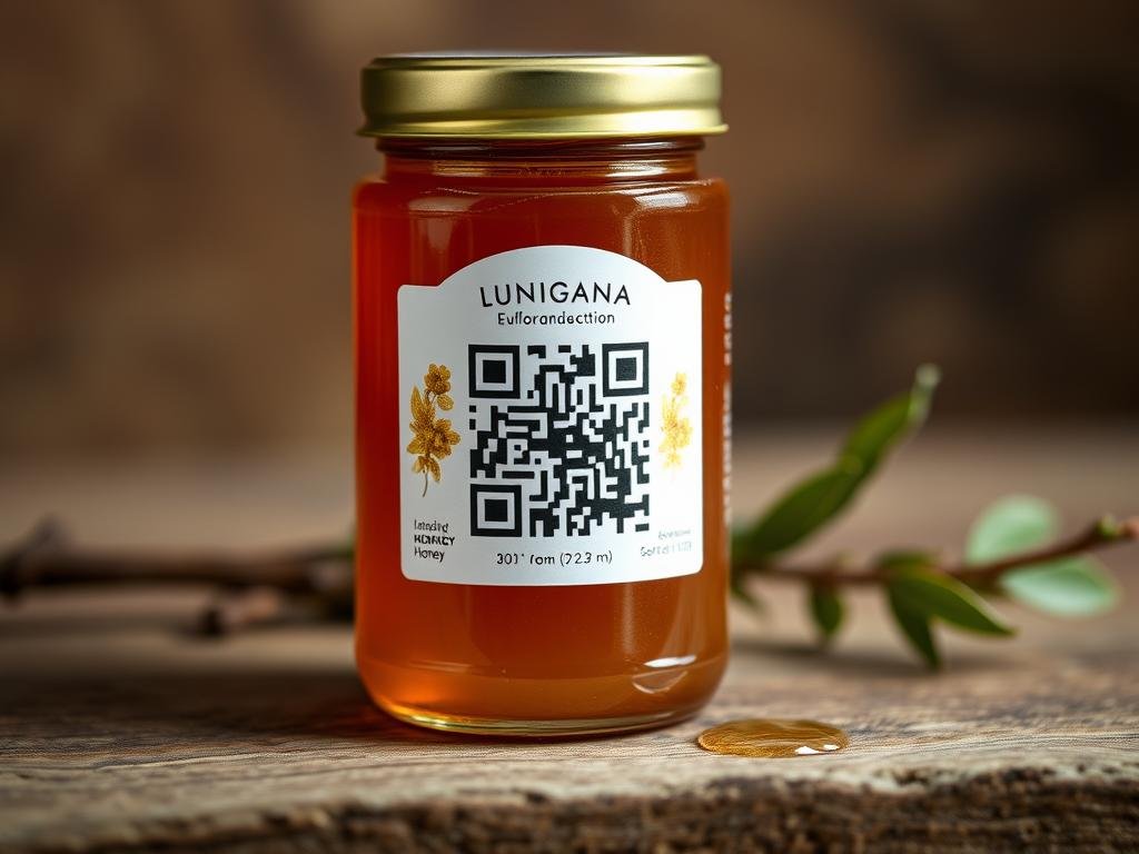 Genera un'immagine del miele DOP della Lunigiana con un codice QR che rappresenta la tracciabilità blockchain
