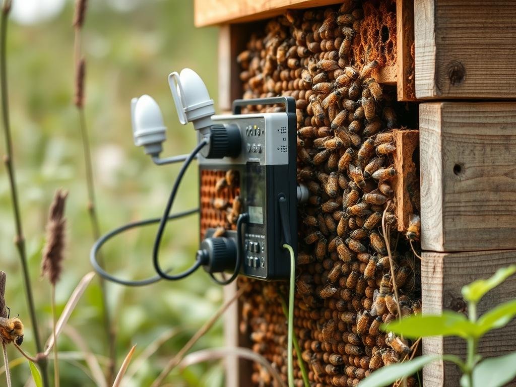 Genera un'immagine di un alveare con sensori di monitoraggio
