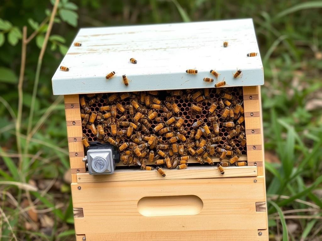 Genera un'immagine di un alveare con un sistema di pesatura integrato
