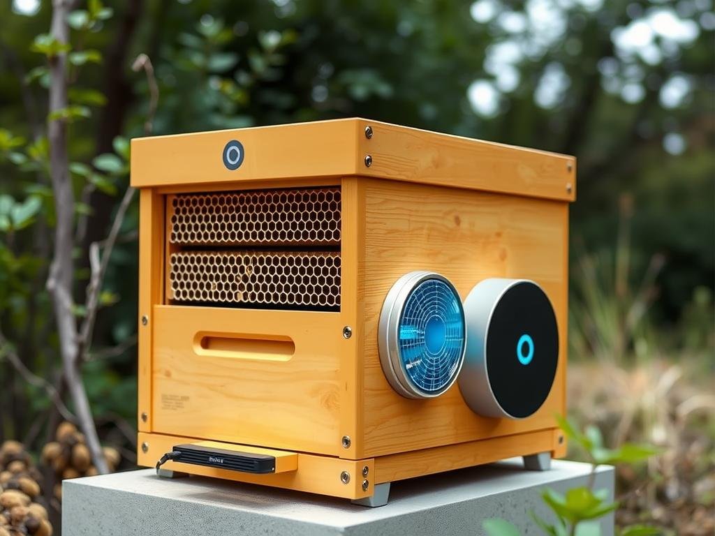 Genera un'immagine di un alveare moderno con sensori integrati Genera un'immagine di un alveare moderno con sensori integrati