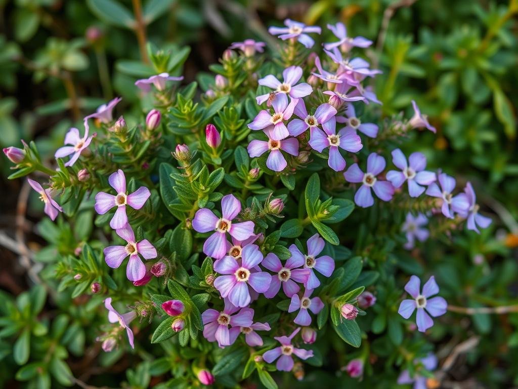Genera un'immagine di un cespuglio di timo in fiore