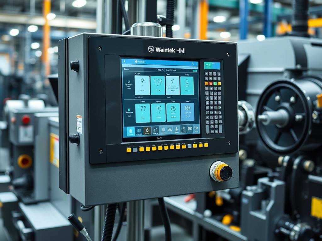 Genera un'immagine di un pannello operatore Weintek HMI in uso in un ambiente industriale. Genera un'immagine di un pannello operatore Weintek HMI in uso in un ambiente industriale.