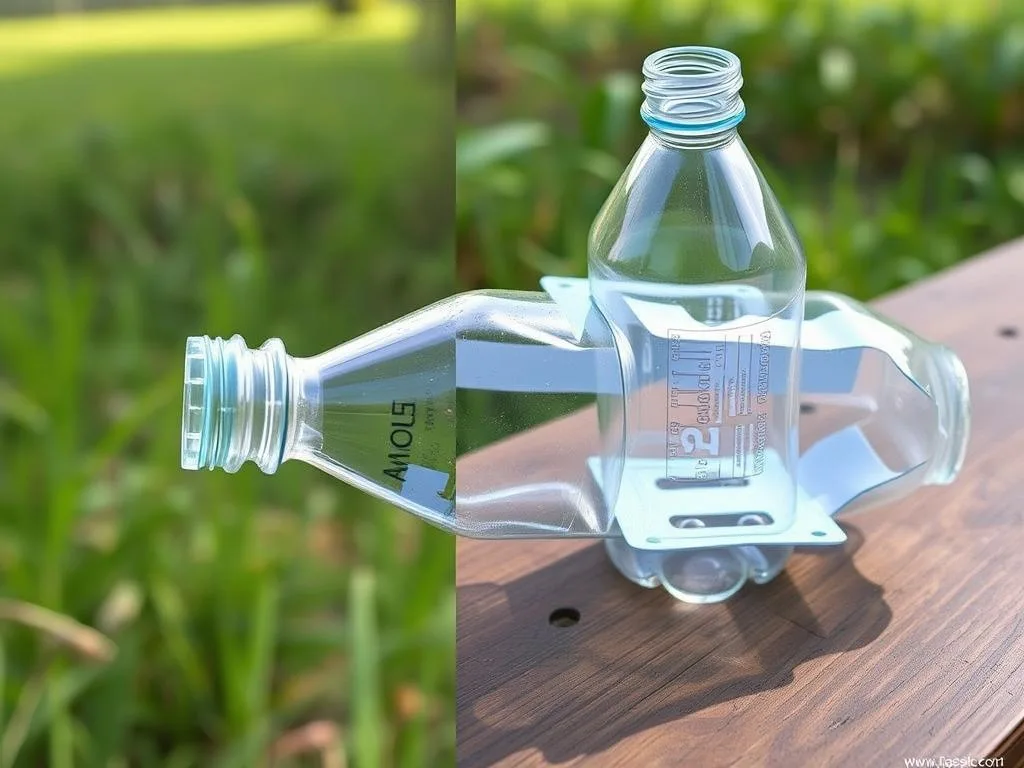 Genera un'immagine di una bottiglia di plastica tagliata e riassemblata come trappola per vespe