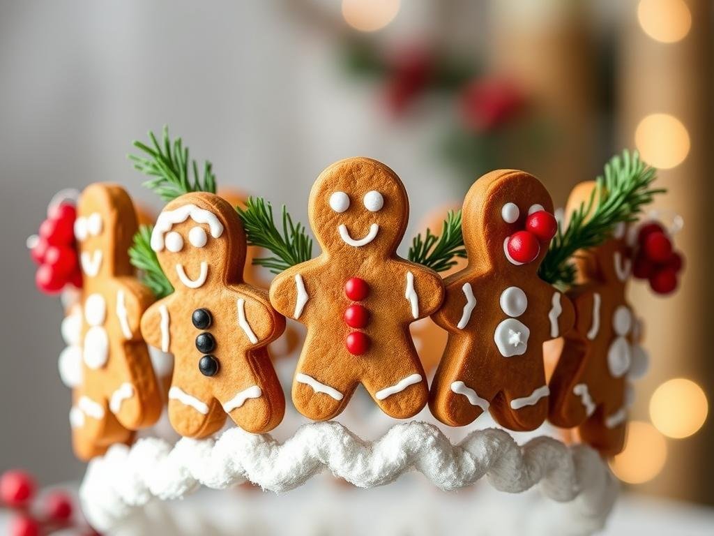 Genera un'immagine di una corona di omini di pan di zenzero decorati con rametti di abete e bacche rosse