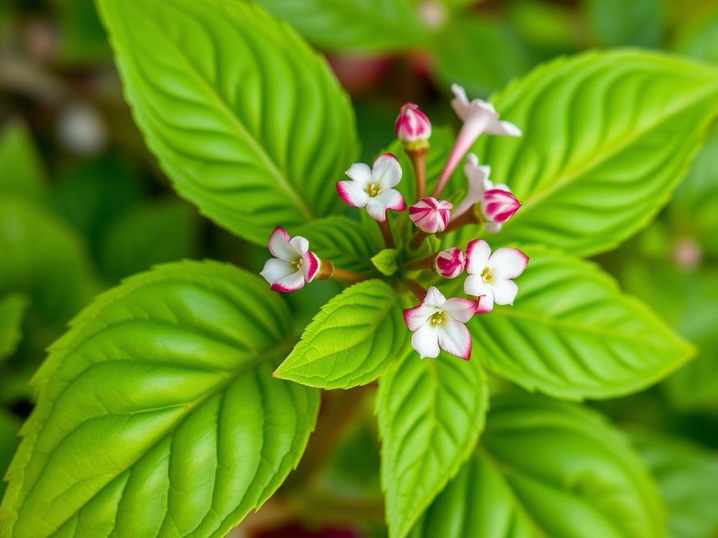 Genera un'immagine di una pianta di basilico in fiore