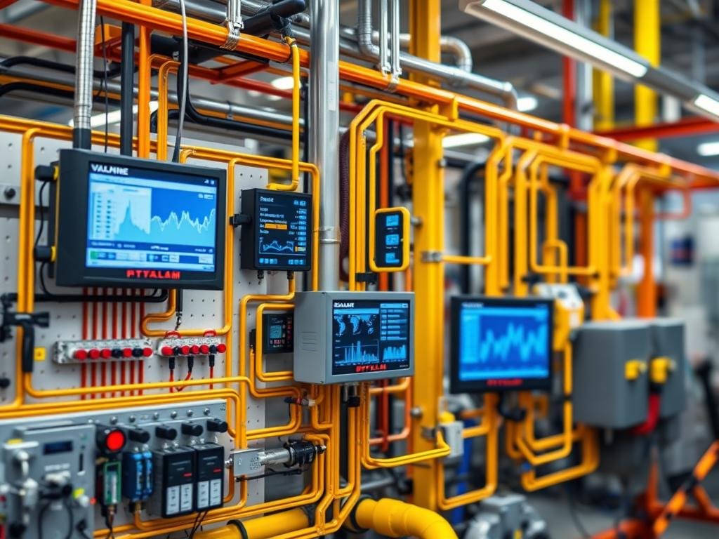 Genera un'immagine di una piattaforma di automazione industriale con dispositivi connessi e dati in tempo reale Genera un'immagine di una piattaforma di automazione industriale con dispositivi connessi e dati in tempo reale