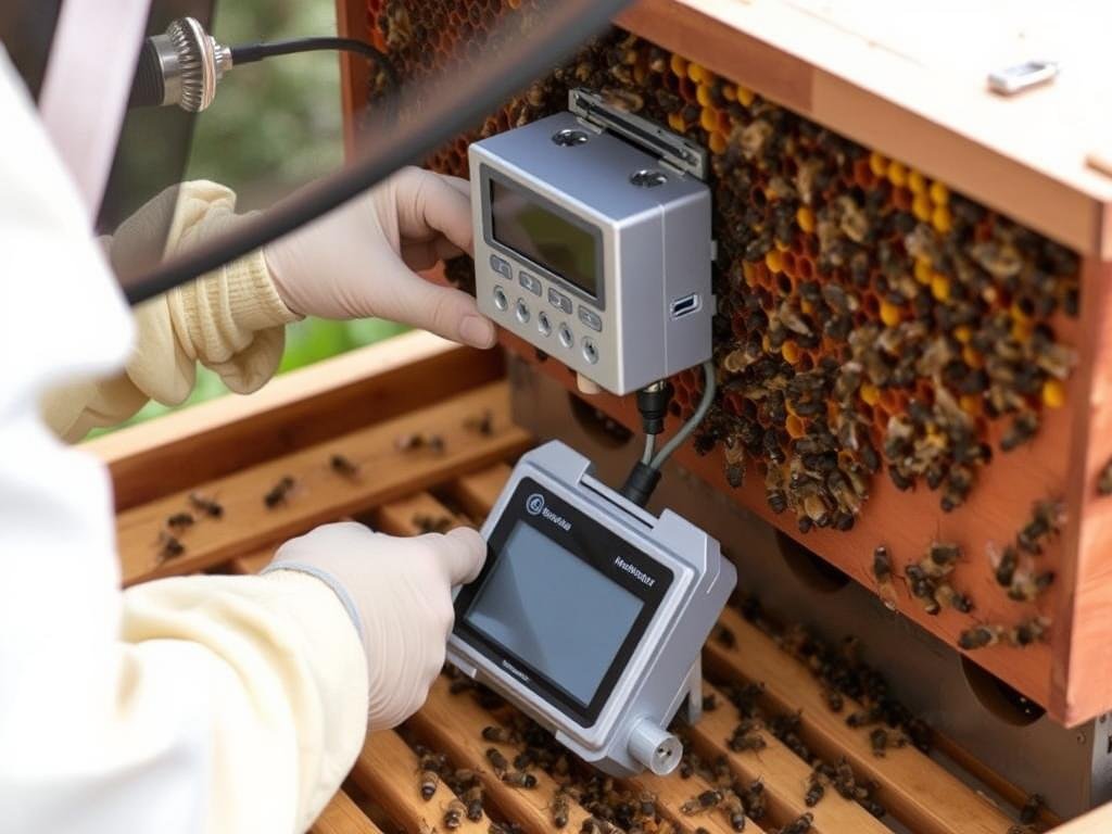 Genera un'immagine di un'apicoltore che installa BroodMinder-T nel suo alveare.