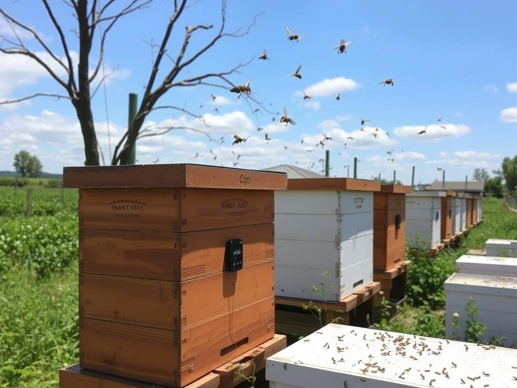 Genera un'immagine di un'apicoltura con arnie dotate di dispositivi GPS