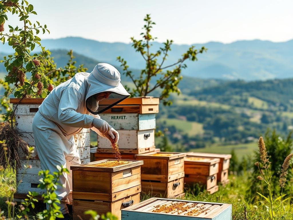 Genera un'immagine di un'azienda apistica con alveari in un paesaggio italiano
