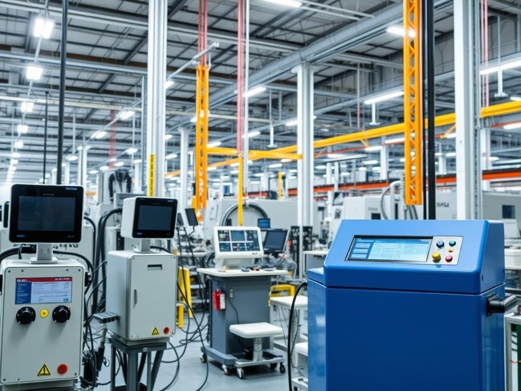 Genera un'immagine di un'industria moderna con dispositivi di raccolta dati Genera un'immagine di un'industria moderna con dispositivi di raccolta dati