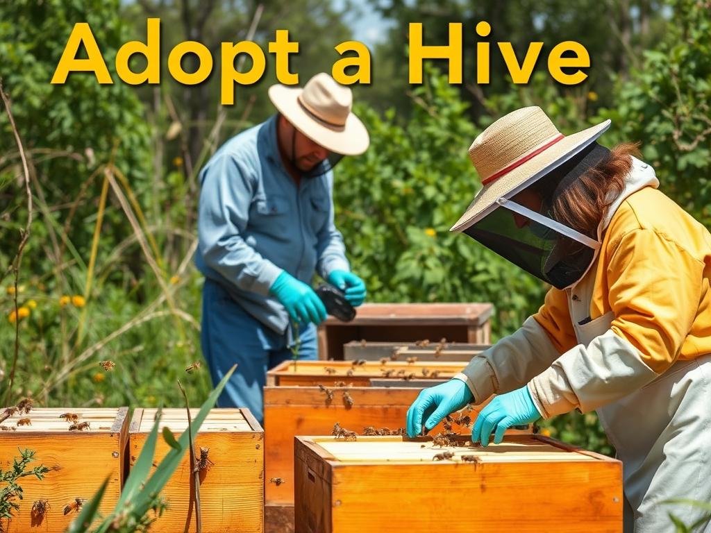 Genera un'immagine rappresentativa del progetto "Adotta un Alveare" con apicoltori al lavoro