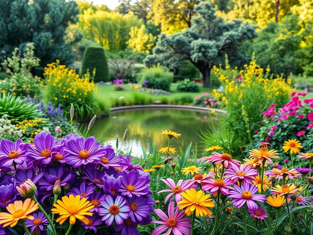 Giardino api: a lush, vibrant oasis teeming with life. In the foreground, a stunning array of colorful blooms in shades of purple, pink, and yellow beckon pollinators. The middle ground features a serene pond, its surface reflecting the surrounding foliage. In the background, a mix of mature trees and shrubs create a natural, verdant backdrop. Soft, warm lighting casts a gentle glow, highlighting the delicate petals and the busy bees that dart between the flowers. The overall scene exudes a sense of tranquility and harmony, capturing the essence of a flourishing "APICOLTURA BORVEI MIELE" garden.
