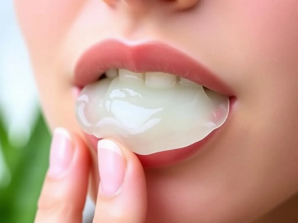 Immagine di gel di aloe vera applicato sulle labbra Immagine di gel di aloe vera applicato sulle labbra