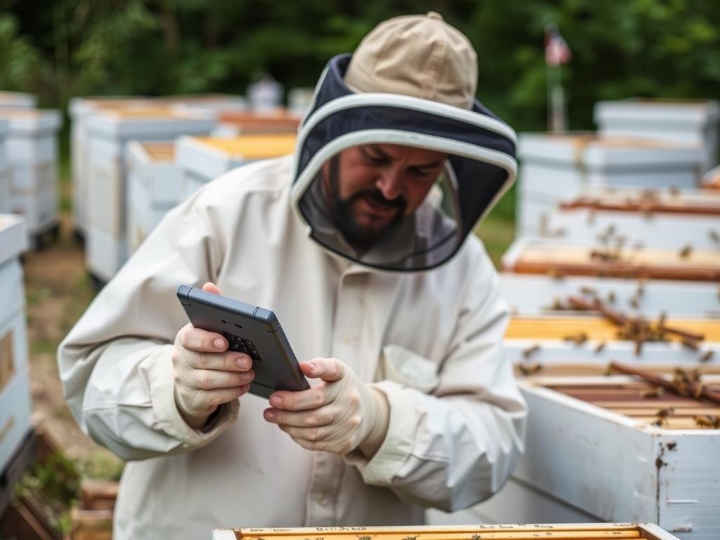 Immagine di un apicoltore che controlla il suo apiario con un dispositivo moderno