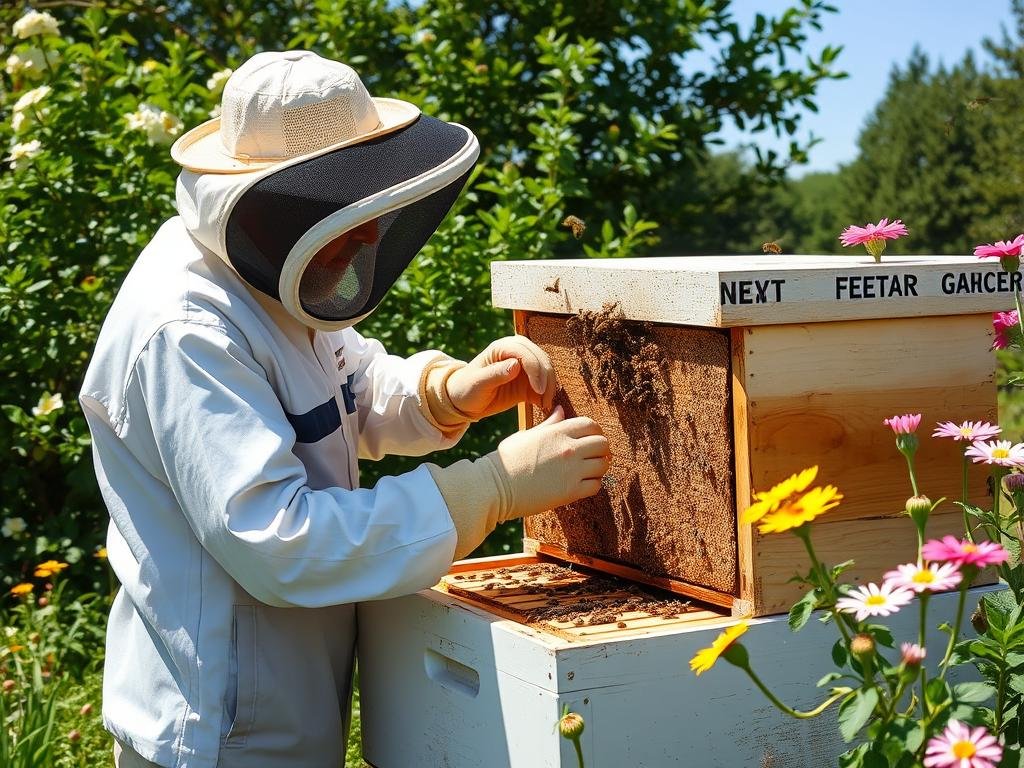 Immagine di un apicoltore che controlla l'alveare