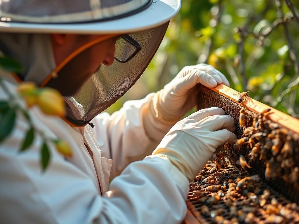 Immagine di un apicoltore che utilizza oli essenziali in un alveare