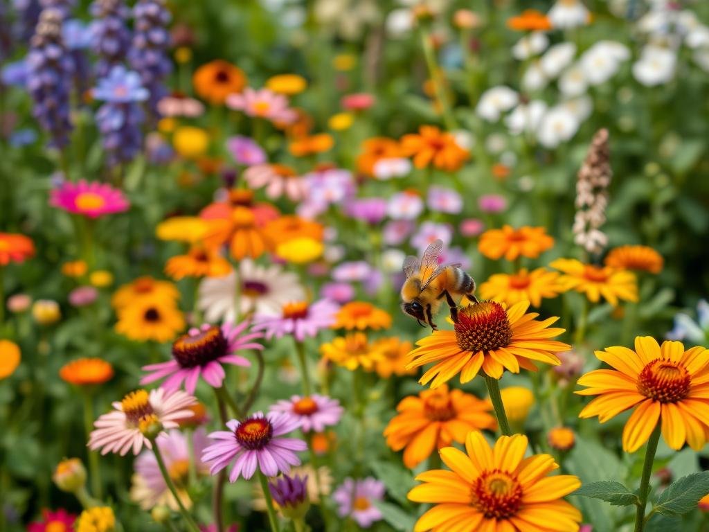 Immagine di un orto colorato con fiori e piante che attirano le api