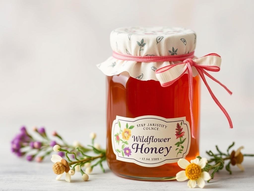 Immagine di un vasetto di miele millefiori confezionato con nastri e etichette decorative