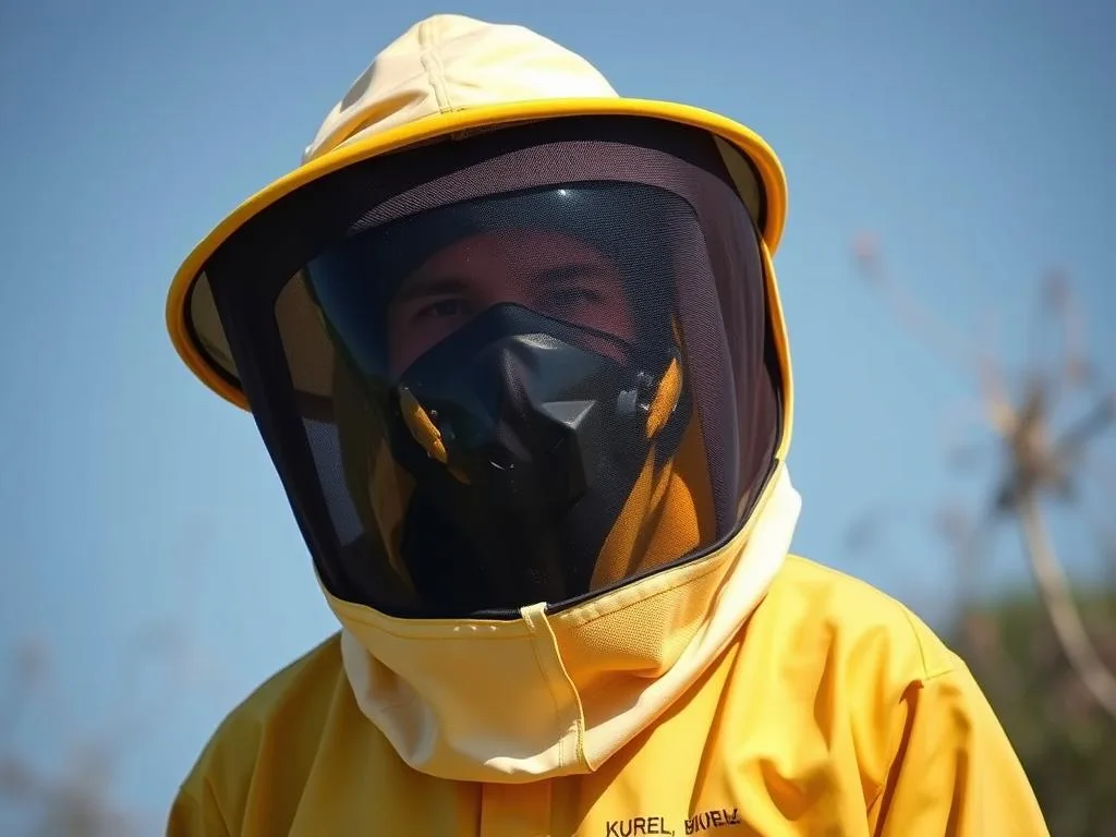Immagine di una tuta da apicoltore con cappuccio e maschera protettiva Immagine di una tuta da apicoltore con cappuccio e maschera protettiva