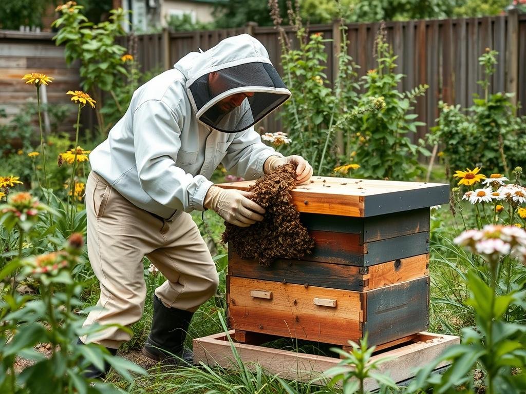 Immagine di un'apicoltore che installa un'arnia a bassa manutenzione in un giardino urbano