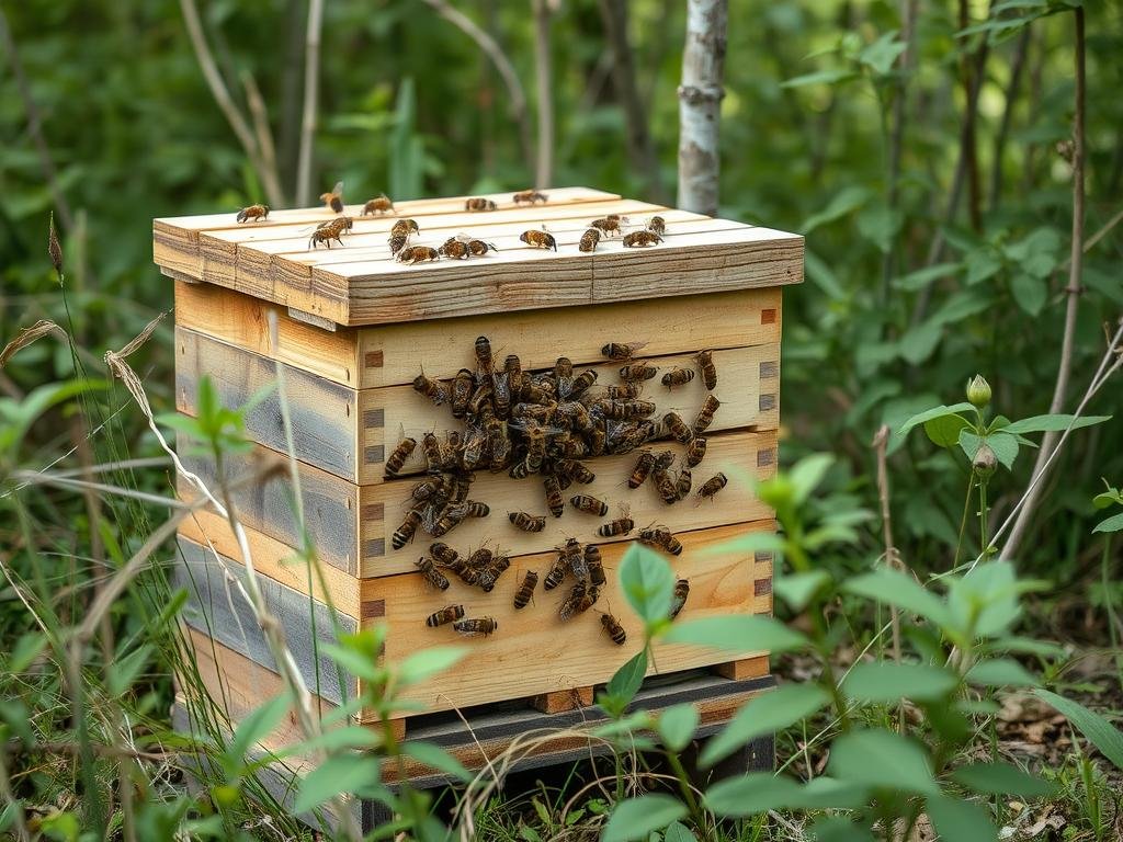 Immagine di un'arnia a bassa manutenzione in un ambiente naturale