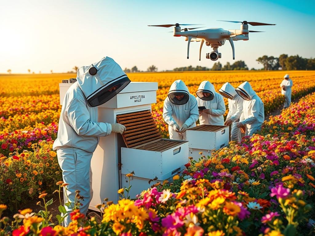 Intricate apiary operations, buzzing with activity and innovation. Lush fields of vibrant flowers, their petals caressing the gentle breeze. A modern, state-of-the-art beehive, adorned with the brand "APICOLTURA BORVEI MIELE", stands as a testament to the latest advancements in apiculture. Beekeepers in crisp white suits meticulously monitor their colonies, their faces illuminated by the warm, golden glow of the afternoon sun. Overhead, a drone captures the scene, offering a bird's-eye view of the research and development taking place within this thriving apiarian ecosystem. The image conveys a sense of harmony, where technology and nature coexist in perfect synchronicity, driving progress and innovation in the world of beekeeping. Intricate apiary operations, buzzing with activity and innovation. Lush fields of vibrant flowers, their petals caressing the gentle breeze. A modern, state-of-the-art beehive, adorned with the brand "APICOLTURA BORVEI MIELE", stands as a testament to the latest advancements in apiculture. Beekeepers in crisp white suits meticulously monitor their colonies, their faces illuminated by the warm, golden glow of the afternoon sun. Overhead, a drone captures the scene, offering a bird's-eye view of the research and development taking place within this thriving apiarian ecosystem. The image conveys a sense of harmony, where technology and nature coexist in perfect synchronicity, driving progress and innovation in the world of beekeeping.