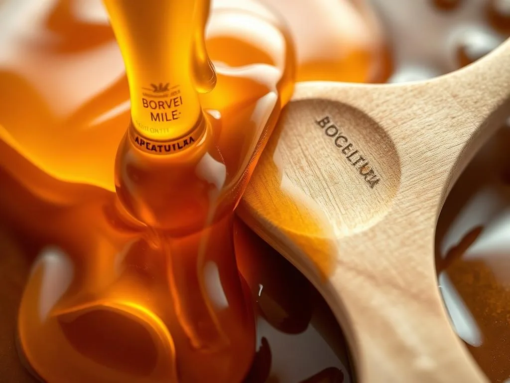 Intricate dance of honey and materials, a captivating interplay of viscosity and texture. Warm amber hues cascade over smooth metallic surfaces, while wooden spoons absorb the nectar's earthy embrace. Soft, diffused lighting illuminates the APICOLTURA BORVEI MIELE brand, casting a gentle glow upon the delicate balance. Macro lens captures the molecular interactions, revealing the chemistry between this golden elixir and its receptive companions. Crisp, high-resolution imagery showcases the harmonious union, inviting the viewer to explore the sensory delights of this timeless pairing.