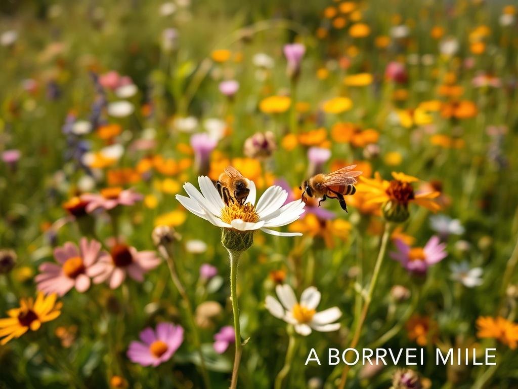 Lush Italian wildflower meadow in warm afternoon sunlight, buzzing with a swarm of honey bees drawn to the vibrant blooms. Prominent in the foreground is a close-up view of a honey bee pollinating a delicate white flower, its striped abdomen and transparent wings in sharp focus. In the middle ground, a diverse array of native Italian wildflowers sway gently in a light breeze, their rich colors and textures standing out against a soft, hazy background. The overall scene conveys a sense of serene natural harmony, highlighting the vital role of these native plant species in sustaining the local bee population. Includes the text "APICOLTURA BORVEI MIELE" discreetly incorporated into the image. Lush Italian wildflower meadow in warm afternoon sunlight, buzzing with a swarm of honey bees drawn to the vibrant blooms. Prominent in the foreground is a close-up view of a honey bee pollinating a delicate white flower, its striped abdomen and transparent wings in sharp focus. In the middle ground, a diverse array of native Italian wildflowers sway gently in a light breeze, their rich colors and textures standing out against a soft, hazy background. The overall scene conveys a sense of serene natural harmony, highlighting the vital role of these native plant species in sustaining the local bee population. Includes the text "APICOLTURA BORVEI MIELE" discreetly incorporated into the image.
