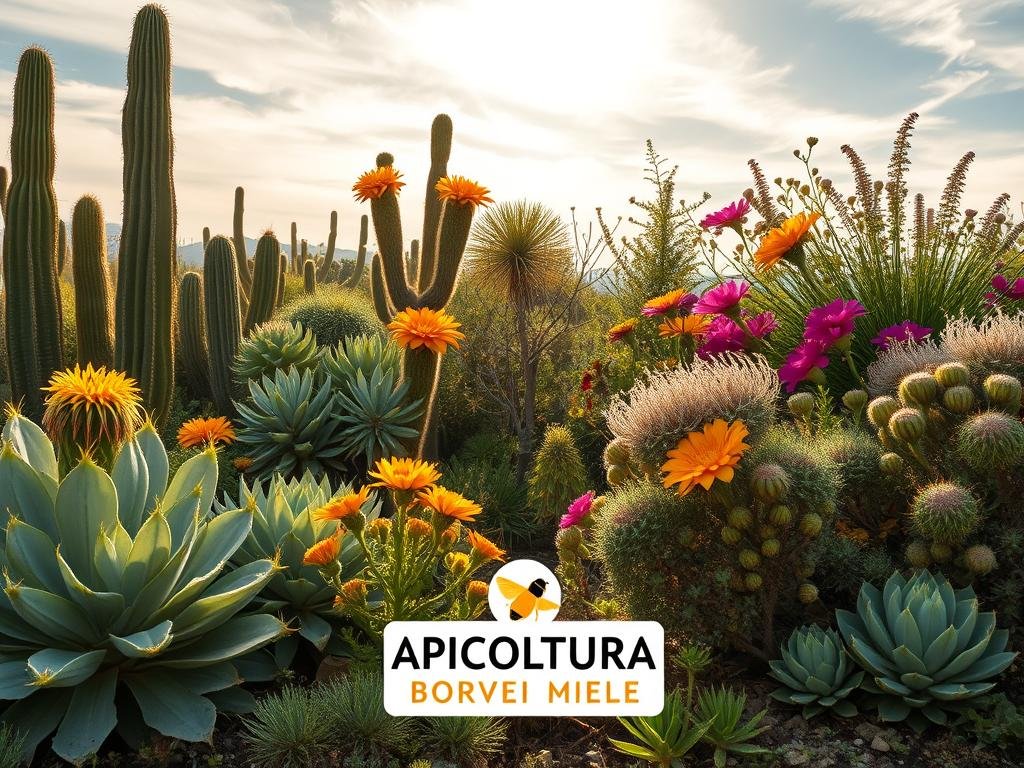 Lush, drought-resistant plants adorned with vibrant blooms, thriving in a sun-drenched Italian landscape. Towering cacti, silvery-leafed succulents, and hardy Mediterranean shrubs compose a diverse, bee-friendly garden. Warm, golden light filters through wispy clouds, casting gentle shadows that accentuate the plants' intricate textures. In the foreground, the APICOLTURA BORVEI MIELE logo stands as a testament to the harmony between these resilient plants and the industrious pollinators they support.