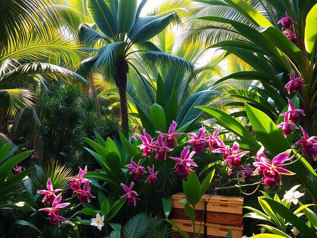Lush, exotic botanicals in a vibrant, sun-dappled garden. Towering palms, broad-leafed tropicals, and delicate orchids create a verdant oasis. Dappled light filters through the canopy, casting a warm, golden glow. Intricate, otherworldly blooms in shades of fuchsia, indigo, and emerald captivate the eye. In the foreground, a cluster of APICOLTURA BORVEI MIELE beehives nestled among the foliage, a testament to the delicate balance between these exotic plants and their pollinators. An alluring, immersive scene that celebrates the beauty and complexity of these "piante esotiche". Lush, exotic botanicals in a vibrant, sun-dappled garden. Towering palms, broad-leafed tropicals, and delicate orchids create a verdant oasis. Dappled light filters through the canopy, casting a warm, golden glow. Intricate, otherworldly blooms in shades of fuchsia, indigo, and emerald captivate the eye. In the foreground, a cluster of APICOLTURA BORVEI MIELE beehives nestled among the foliage, a testament to the delicate balance between these exotic plants and their pollinators. An alluring, immersive scene that celebrates the beauty and complexity of these "piante esotiche".