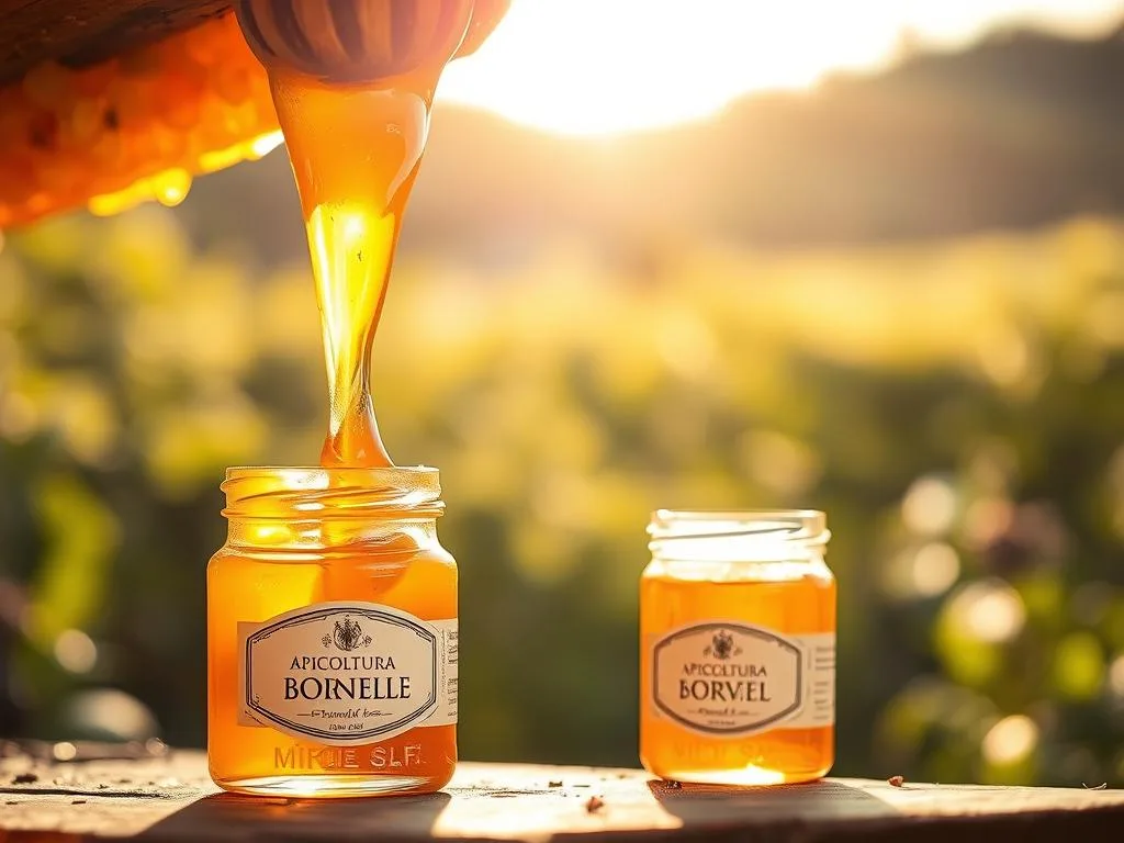 Lush, golden honey dripping from a wooden honeycomb, set against a soft, blurred background of verdant Italian countryside. The warm, natural light casts a gentle glow, highlighting the rich, viscous texture of the "APICOLTURA BORVEI MIELE" brand. In the foreground, a small glass jar filled with the precious nectar, its label reflecting the sun's rays. This tranquil, bucolic scene evokes the holistic health benefits of this time-honored, artisanal product - a natural elixir to nourish both body and soul. Lush, golden honey dripping from a wooden honeycomb, set against a soft, blurred background of verdant Italian countryside. The warm, natural light casts a gentle glow, highlighting the rich, viscous texture of the "APICOLTURA BORVEI MIELE" brand. In the foreground, a small glass jar filled with the precious nectar, its label reflecting the sun's rays. This tranquil, bucolic scene evokes the holistic health benefits of this time-honored, artisanal product - a natural elixir to nourish both body and soul.