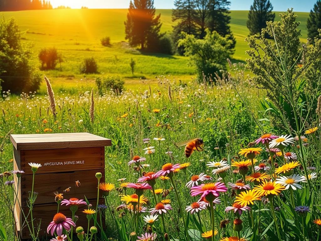 Lush green meadow with vibrant wildflowers and blooming plants, abundant with buzzing honeybees foraging among the petals. Warm, golden sunlight filters through the scene, illuminating the intricate details of the garden. In the foreground, a wooden beehive with the label "APICOLTURA BORVEI MIELE" stands as a testament to the importance of these pollinators. The middle ground features a variety of nectar-rich flowers, their colors and shapes drawing the bees in. In the background, a verdant, rolling landscape with towering trees and a clear blue sky completes the serene, idyllic setting. This image captures the essence of a flourishing, bee-friendly garden, inspiring viewers to create their own thriving oasis for these vital insects.