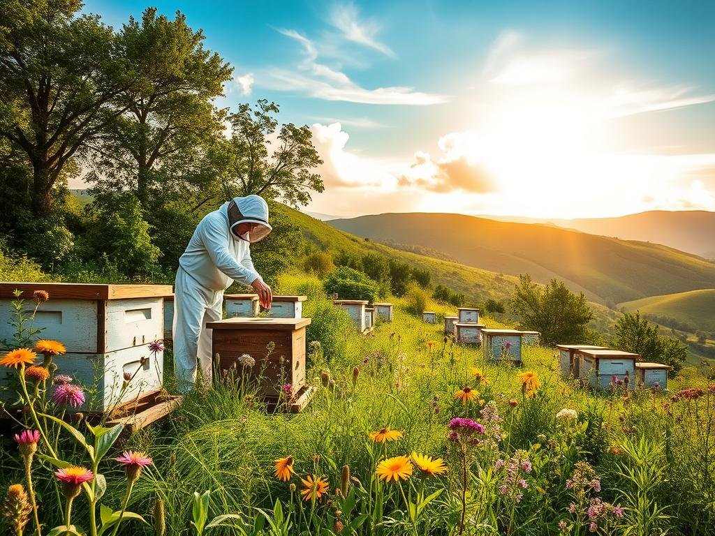Lush, verdant Italian countryside dotted with beehives, a serene scene of sustainable APICOLTURA BORVEI MIELE. In the foreground, a beekeeper in a crisp white suit tending to the hives, their gentle movements capturing the harmony between human and nature. The midground features vibrant wildflowers and herbs, their bright petals and aromatic foliage sustaining the busy pollinators. The background unveils rolling hills, a warm golden light filtering through wispy clouds, creating a sense of tranquility and balance. This image reflects the principles of modern, eco-friendly beekeeping practices, where technology and tradition coexist to support the health and vitality of the hive.