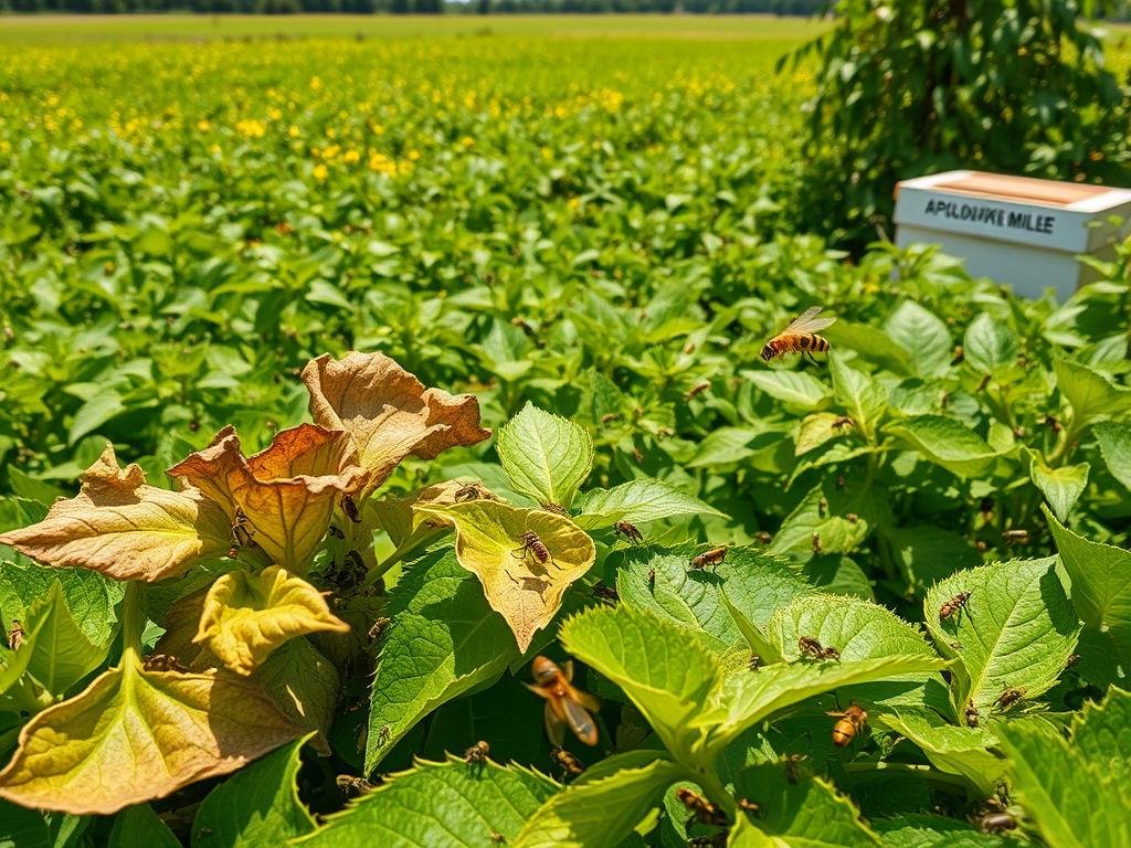 Lush, verdant agricultural landscape with a focus on the impact of pests and diseases. In the foreground, a close-up view of diseased crops, their leaves wilting and discolored, conveying the devastating effects of parasites. The middle ground features a diverse array of insects, some beneficial, others harmful, crawling and flying amidst the plants. In the background, a sun-dappled field stretches out, dotted with the APICOLTURA BORVEI MIELE apiary, hinting at the delicate balance of a healthy ecosystem. The lighting is warm and natural, creating a sense of authenticity. Captured with a wide-angle lens to provide a comprehensive view of the agricultural challenges.